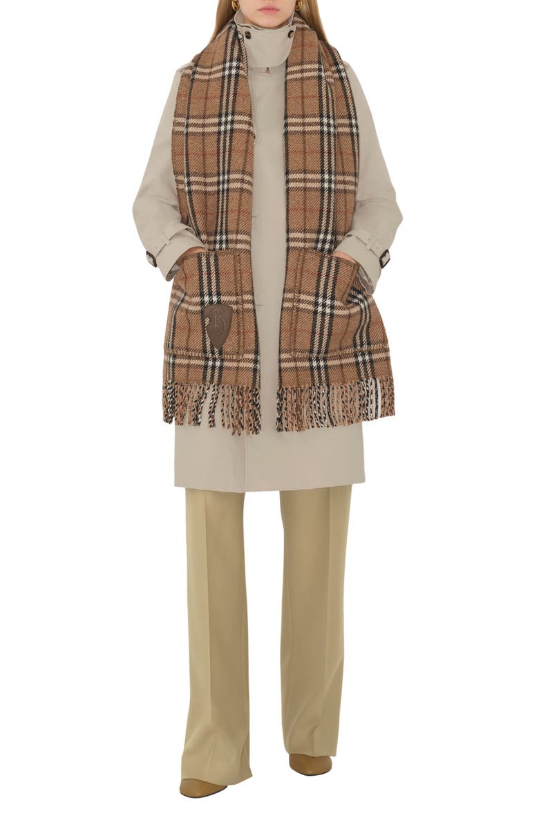 Burberry Reversible Check Cashmere & Wool Fringe Scarf, Alternate, color,