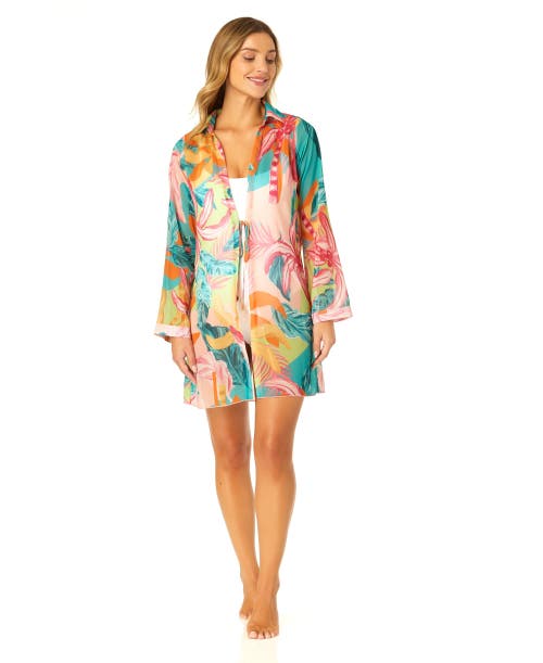 Anne Cole 3/4 Sleeve Tie Open Front Cover Up In Palm Kingdom Coral