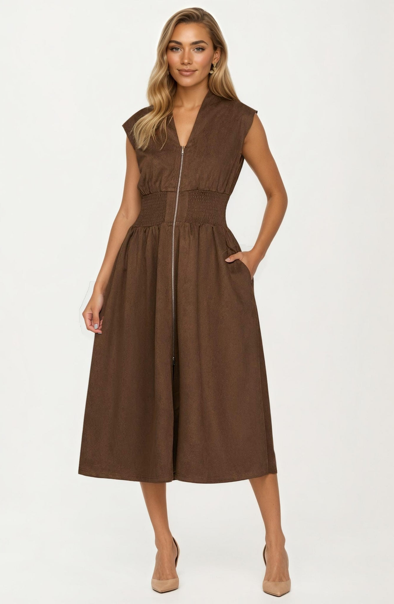 Knit and Lounge Zip Front Sleeveless Smocked Waist Midi Dress, Main, color, 