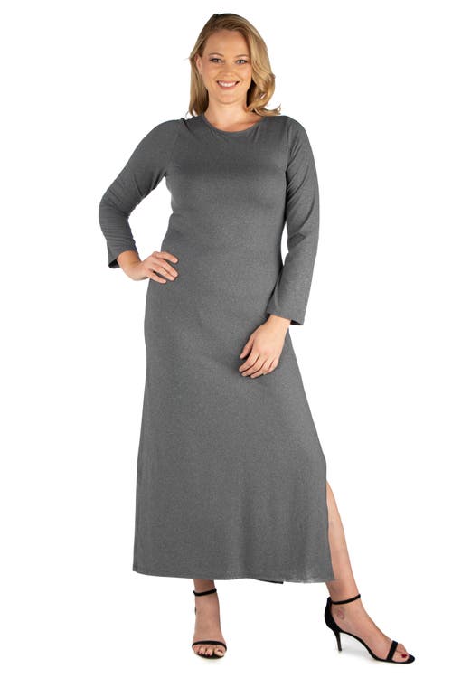 24seven Comfort Apparel Plus Size Long Sleeve Side Slit Fitted Black Maxi Dress In Gray