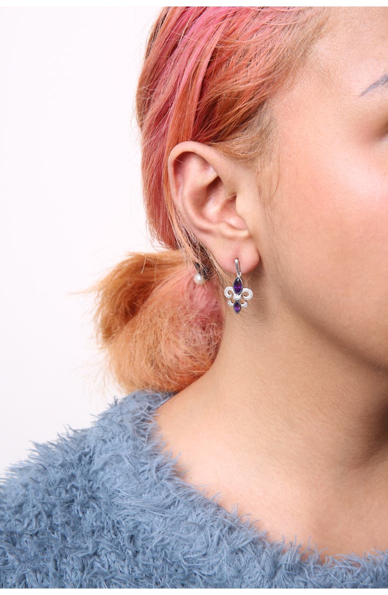 Haus of Brilliance Silver Amethyst & Diamond Accent Fleur De Lis Dangle Stud Earrings, Alternate, color, White