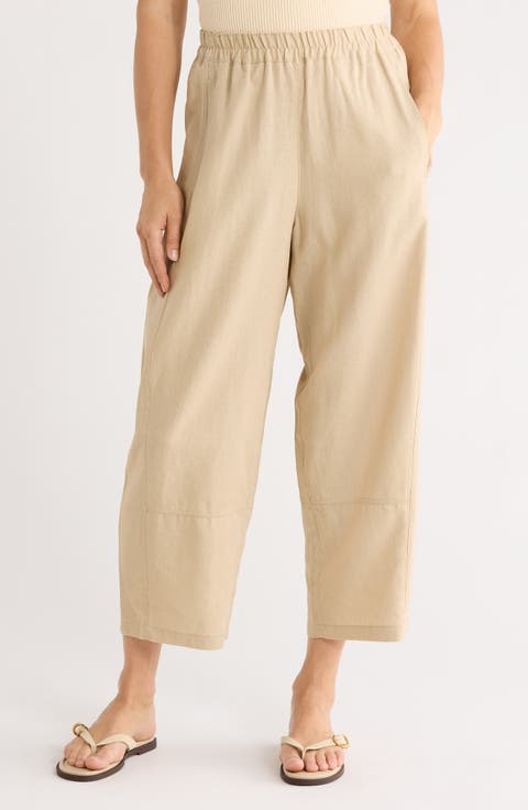 Crop Linen Blend Barrel Leg Pants