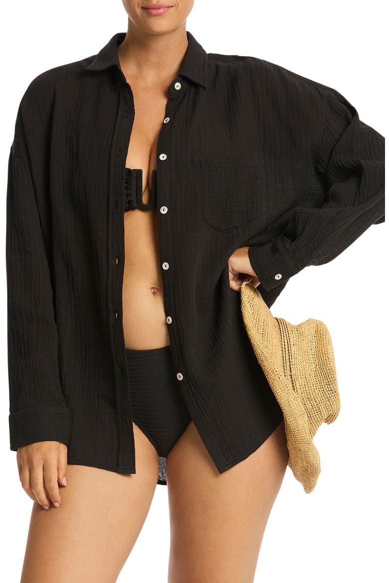 Sunset Beach Oversize Cotton Cover-Up Shirt, Main, color, BLACK