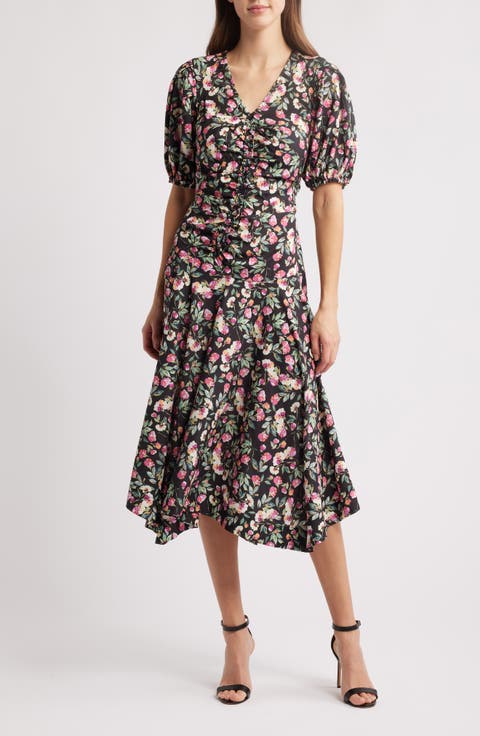 Floral Gathered Puff Sleeve Dress