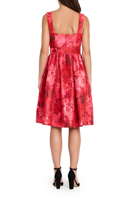 Tahari Asl Floral Print Crinkle Belted Dress In Red