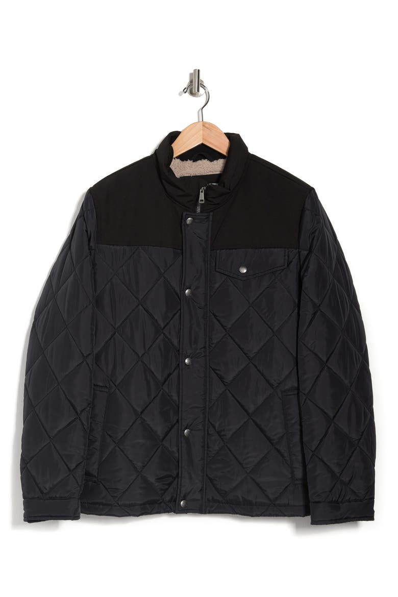 COLE HAAN Mixed Media Faux Shearling Lined Diamond Quilted Jacket, Alternate, color, BLACK
