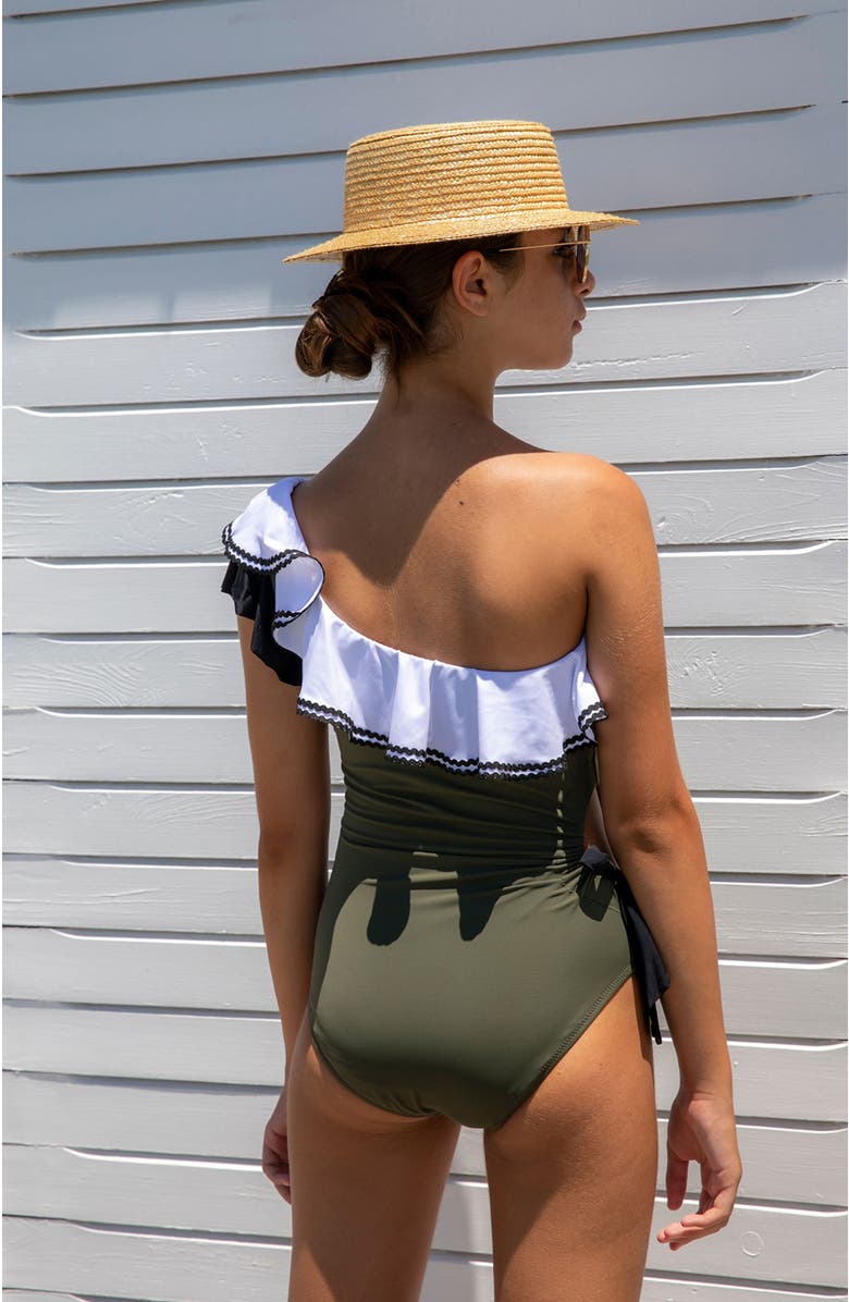 NESSI BYRD Kids' Contrast Ric-Rac Ruffle One-Shoulder Cut-Out Swimsuit, Alternate, color, Green