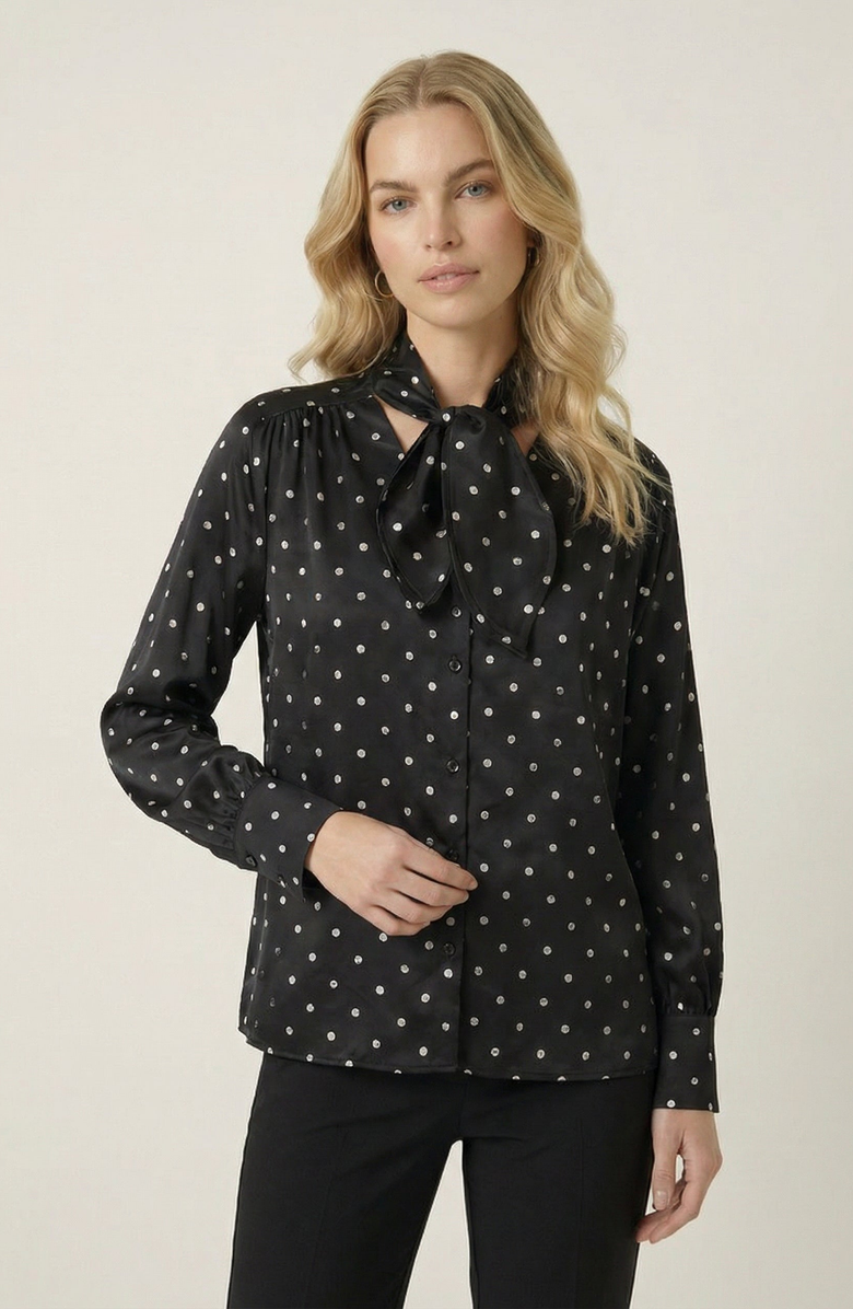 Modenaire Polka Dot Tie Neck Blouse, Main, color, Black