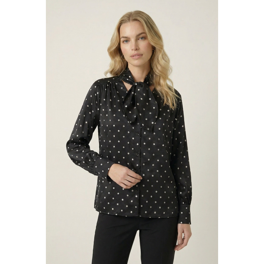 Modenaire Polka Dot Tie Neck Blouse in Black at Nordstrom, Size Small