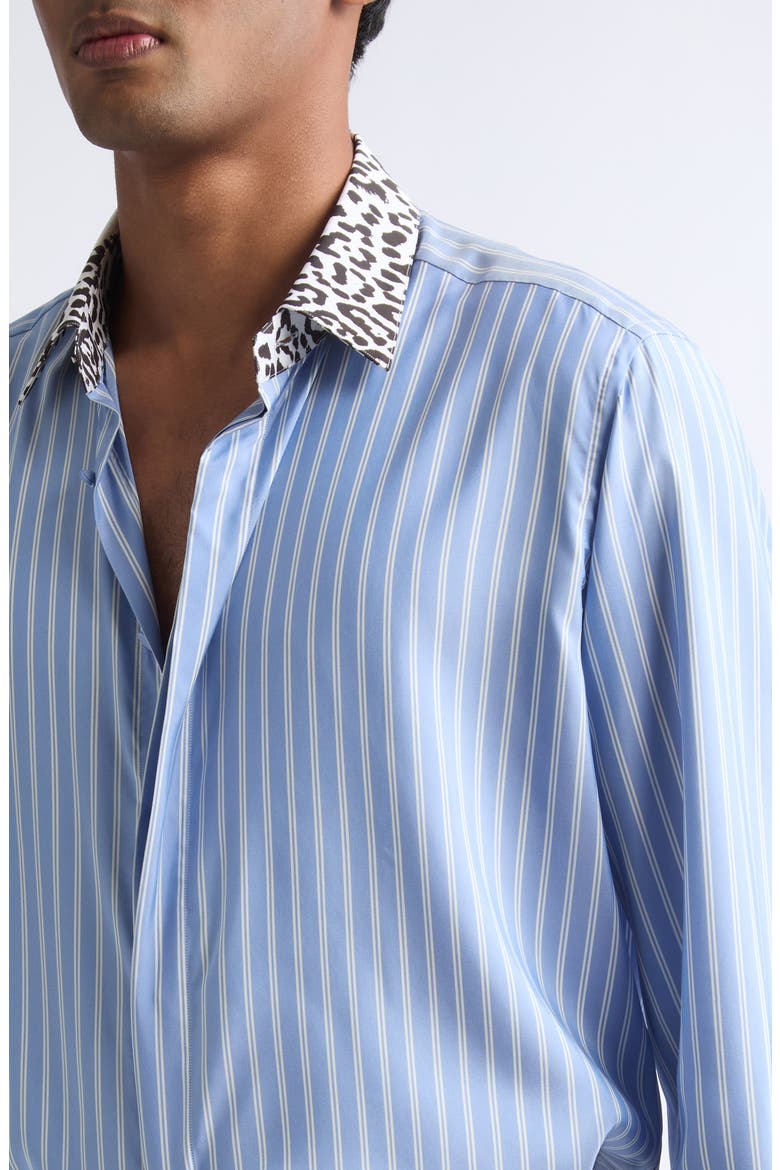 Contrast Collar Track Stripe Silk Button-Up Shirt, Alternate, color, SKY BLUE/ OFF WHITE