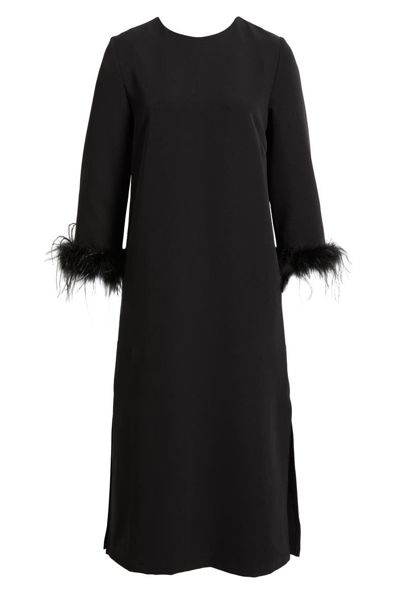 Mariam Feather Trim Long Sleeve Cocktail Midi Dress, Alternate, color, BLACK