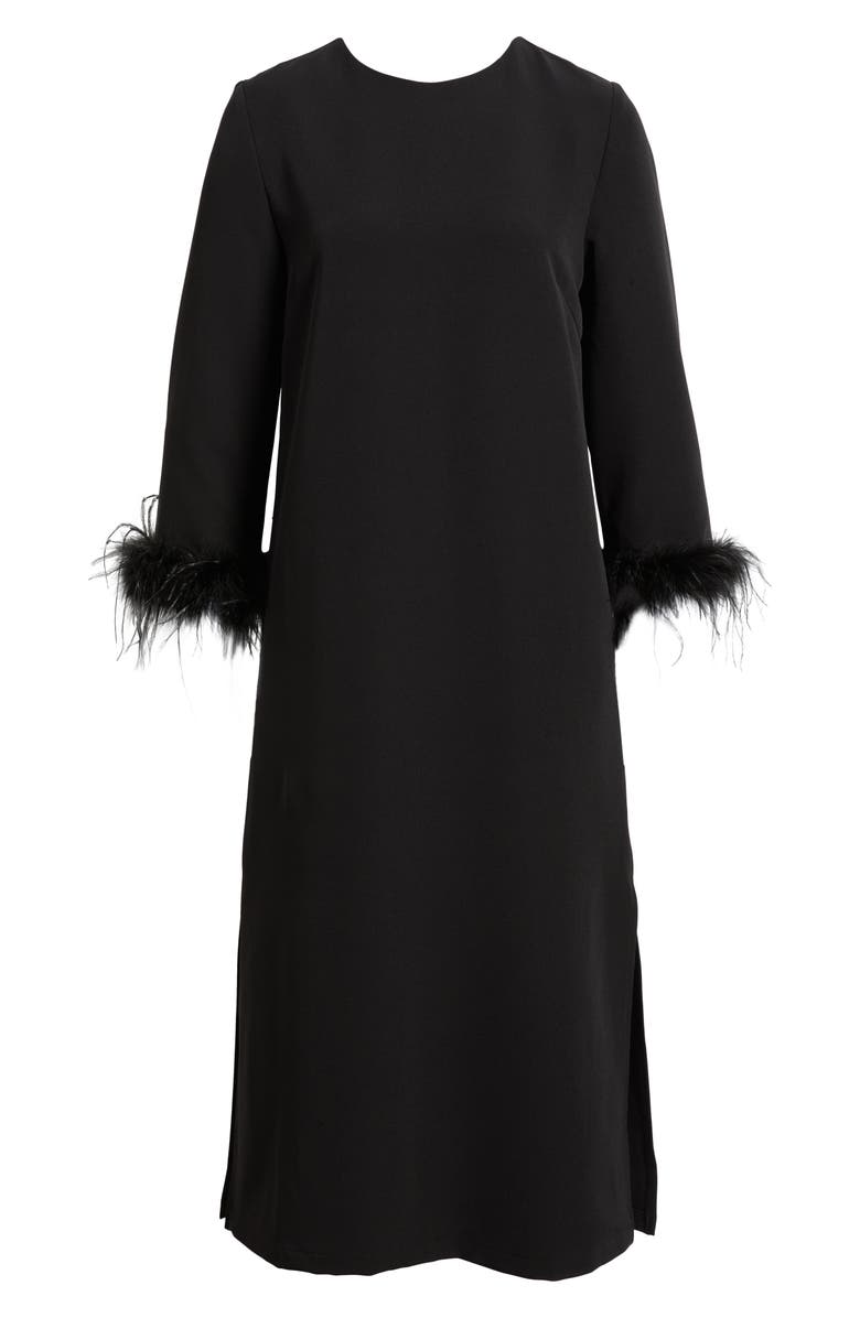 Lucy Paris Mariam Feather Trim Long Sleeve Cocktail Midi Dress, Alternate, color, Black
