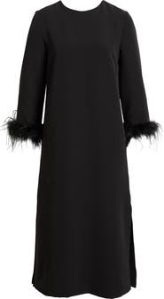 Lucy Paris Mariam Feather Trim Long Sleeve Cocktail Midi Dress