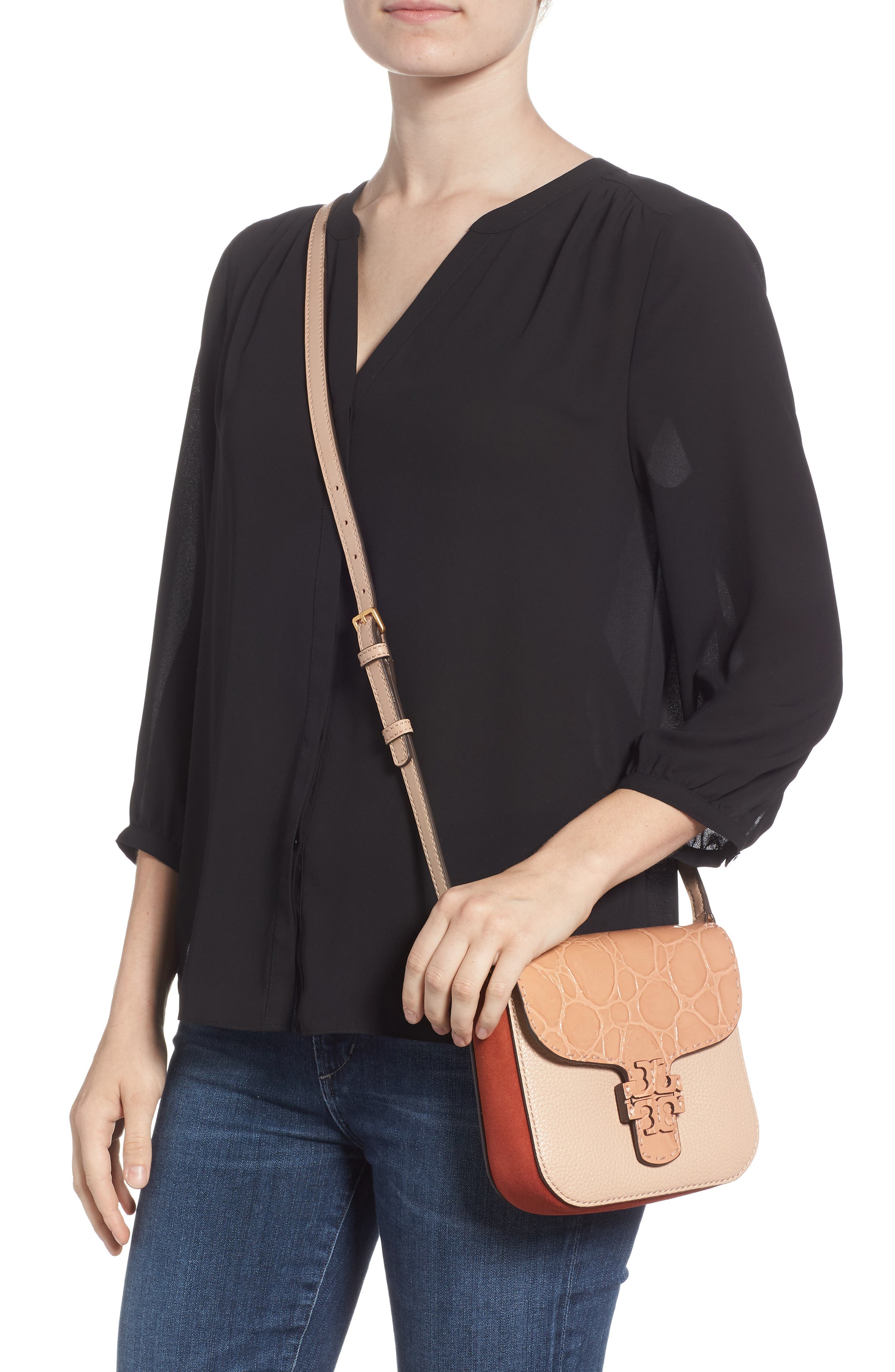Tory Burch McGraw Croc Embossed Leather Crossbody Bag, Alternate, color, 