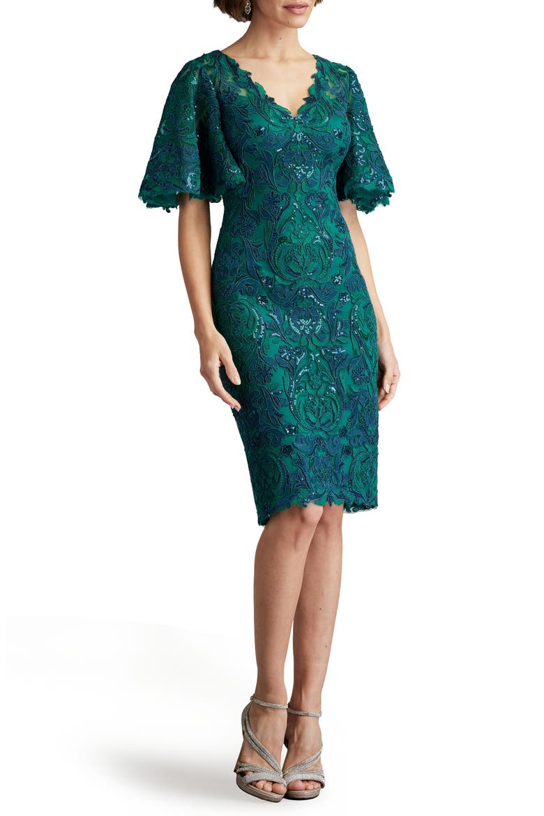 Sequin Lace Bell Sleeve Cocktail Dress, Alternate, color, TEA LEAF
