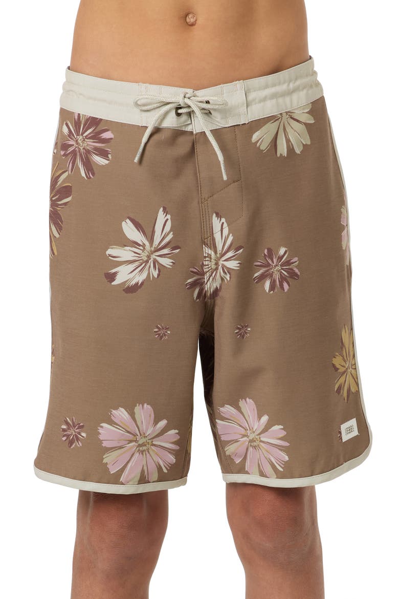 Kids' Cruzer Stripe Scallop Board Shorts, Main, color, DARK KHAKI