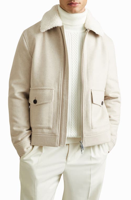 Reiss Andrew Wool Blend Jacket with Faux Shearling Collar in Stone Melange 