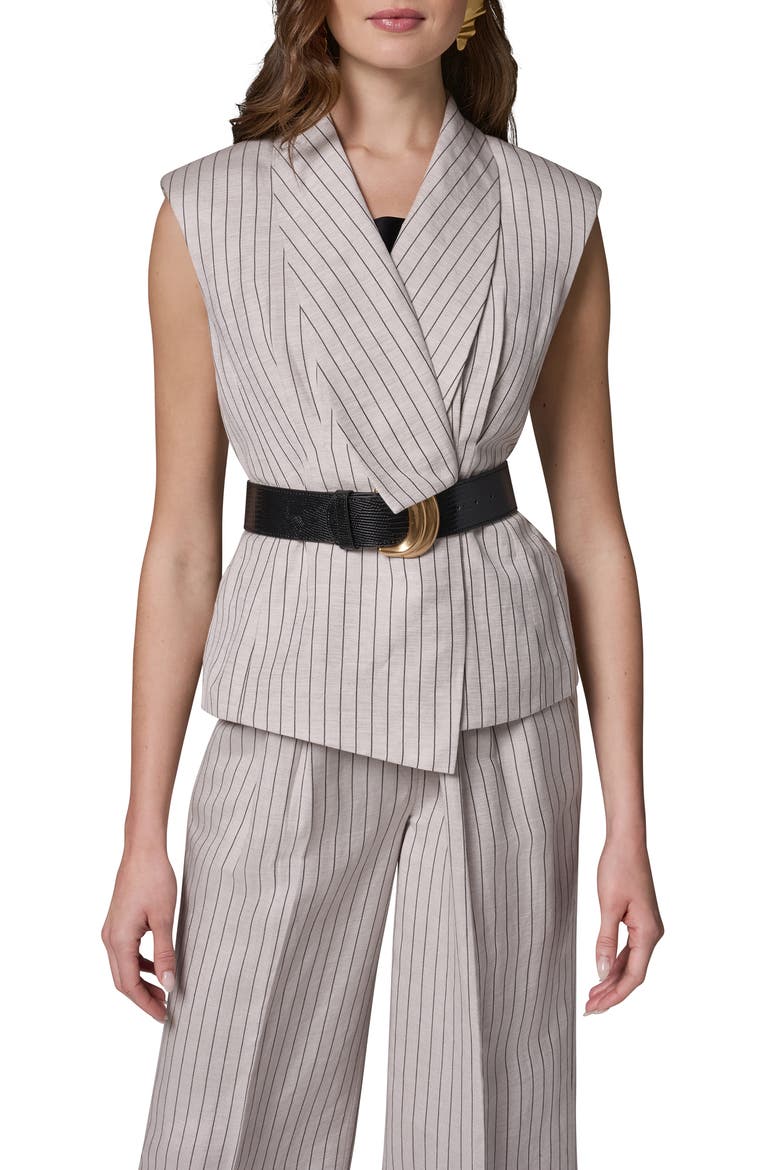 Belted Linen Blend Vest, Main, color, FLAX/ BLACK