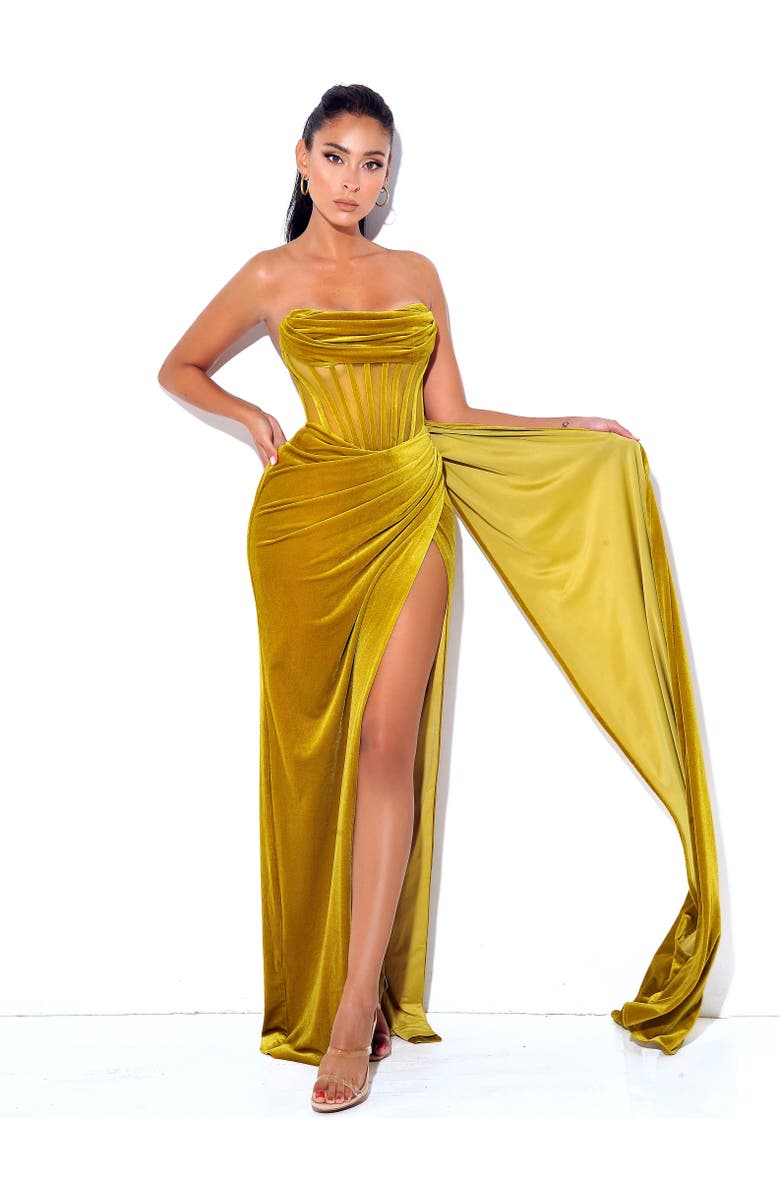 Miss Circle Priyaa High Slit Draping Corset Evening Gown, Alternate, color, Gold