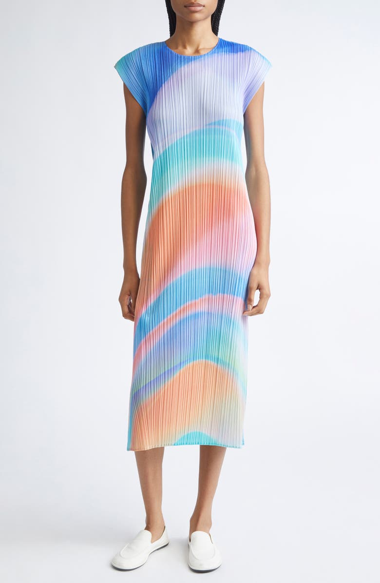 Pleats Please Issey Miyake Groove Pleated Midi Dress, Main, color, Blue