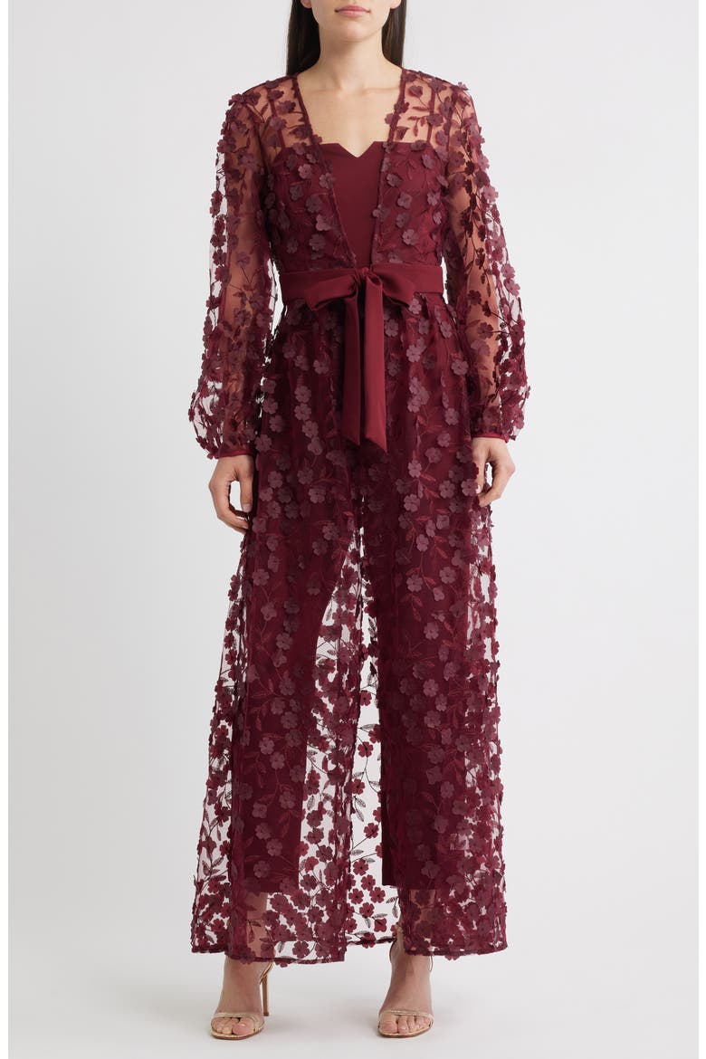 Floral Overlay Jacket & Belted Jumpsuit, Main, color, BURGUNDY