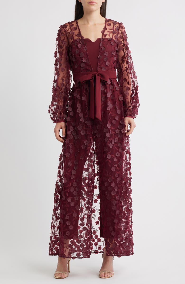 Julia Jordan Floral Overlay Jacket & Belted Jumpsuit, Main, color, Burgundy