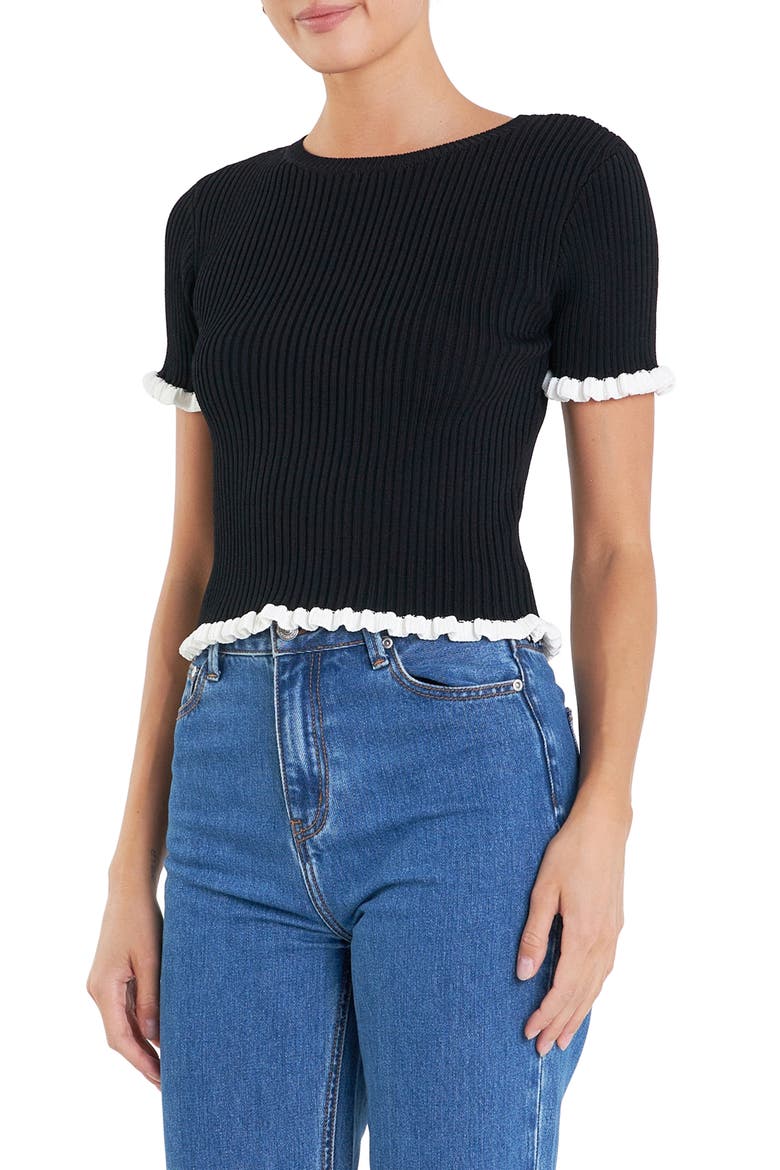Ruffle Trim Short Sleeve Rib Sweater, Alternate, color, BLACK/ WHITE