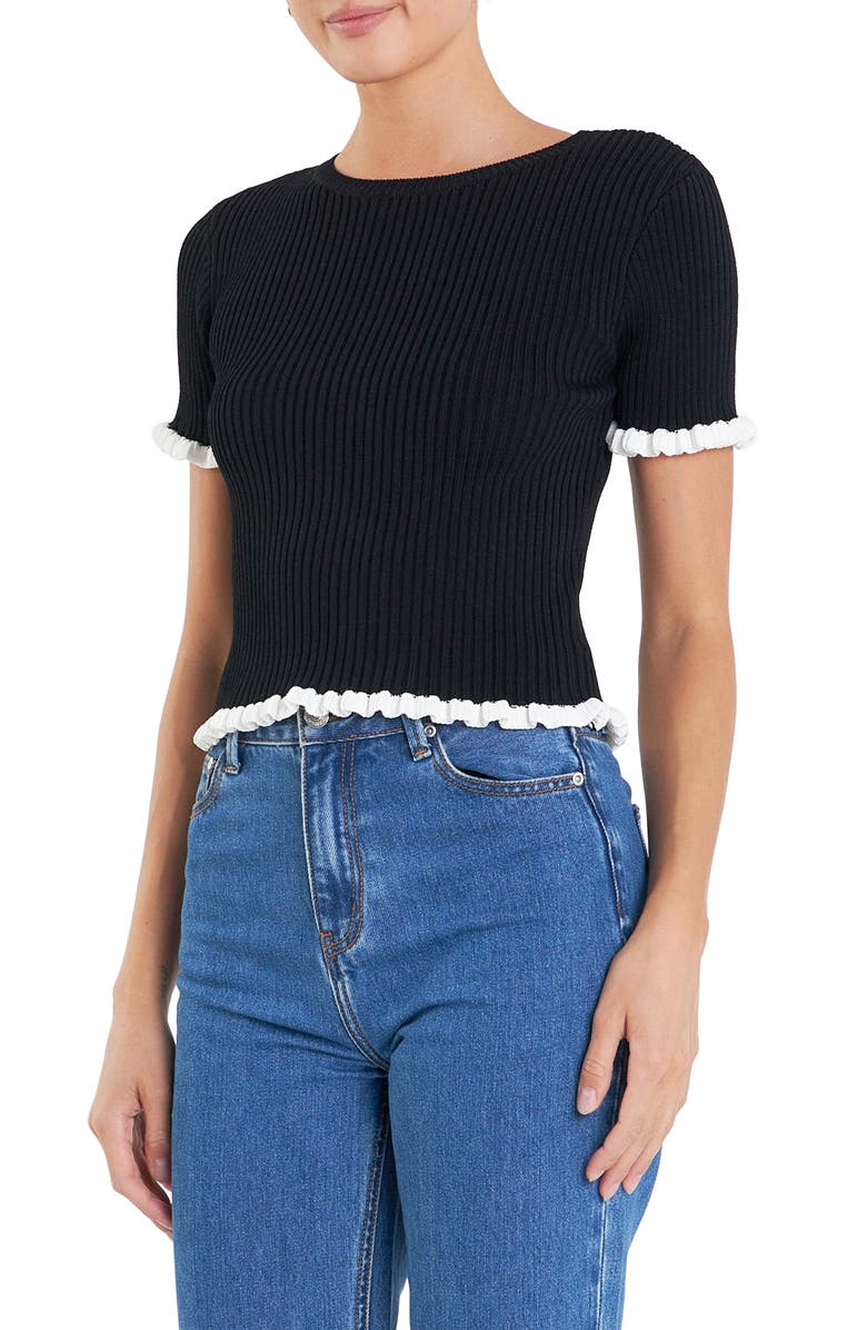 English Factory Ruffle Trim Short Sleeve Rib Sweater, Alternate, color, Black/ White