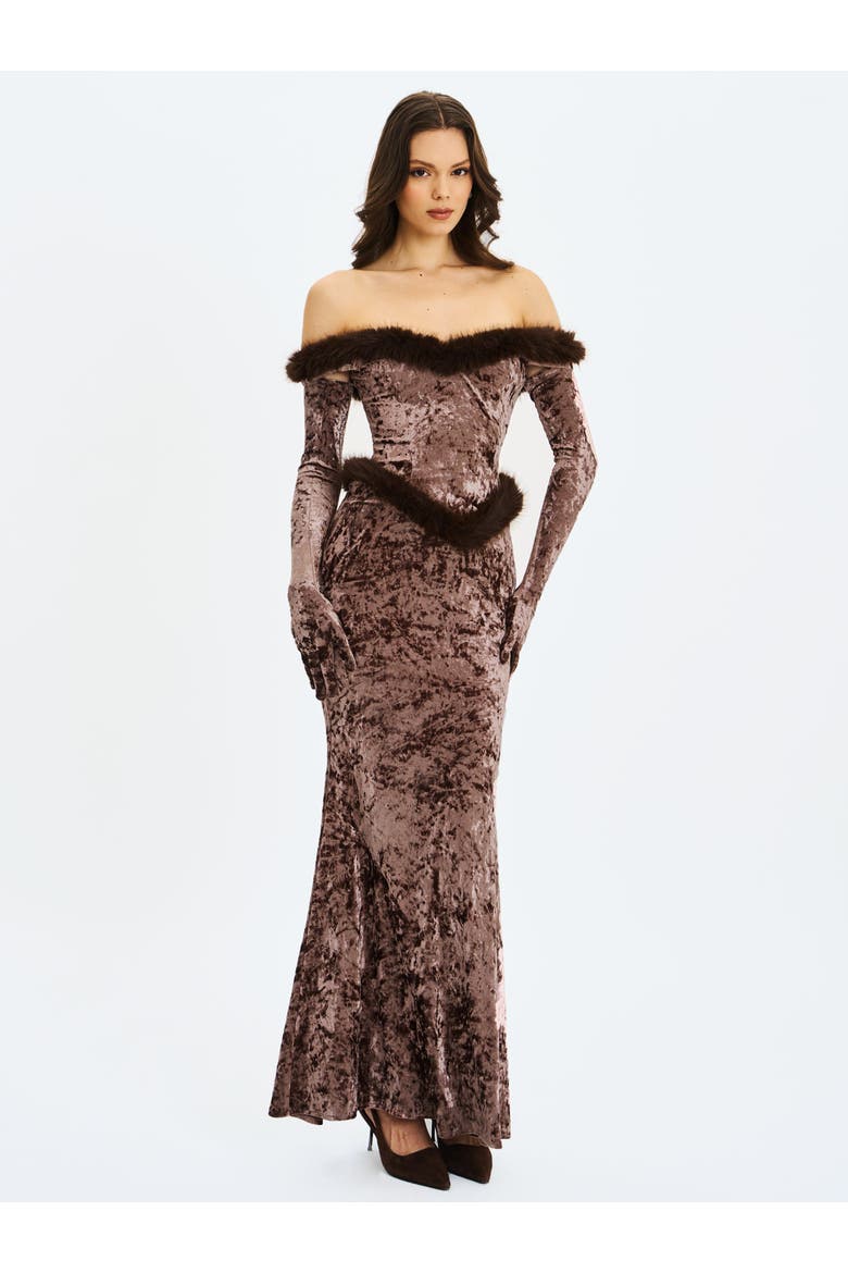 Tessa Sweetheart Bardot Faux Fur Velvet Mermaid Maxi Dress, Alternate, color, Coffee