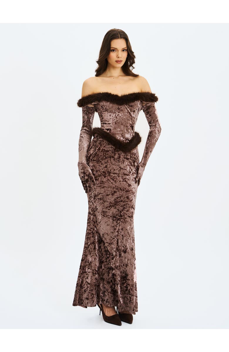 Miss Circle Tessa Sweetheart Bardot Faux Fur Velvet Mermaid Maxi Dress, Alternate, color, Coffee