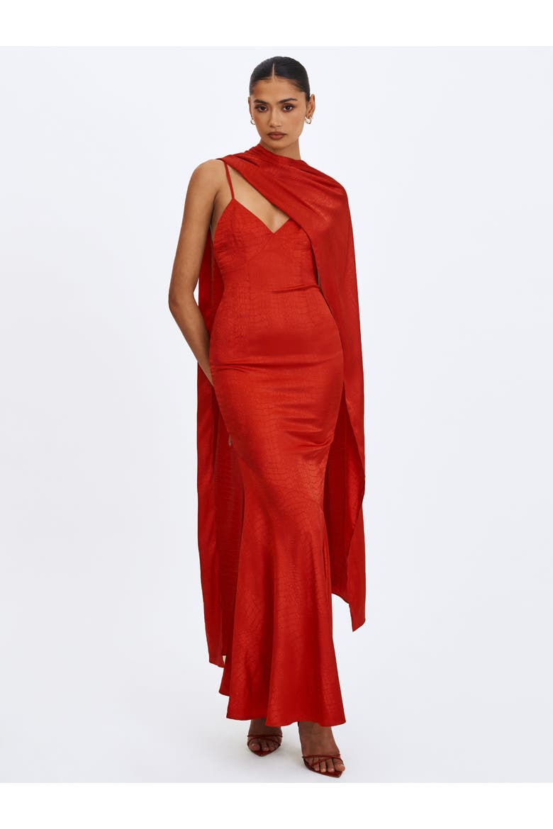Kelsey Croc-Embossed Flared Hem Maxi Dress with Scarf, Alternate, color, Scarlet
