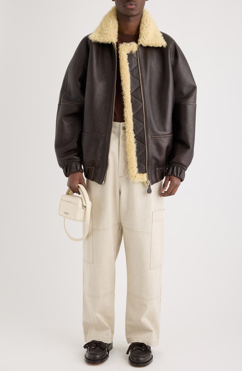 Jacquemus Le Bombardier Lambskin Leather & Genuine Shearling Aviator Jacket, Alternate, color, Dark Brown