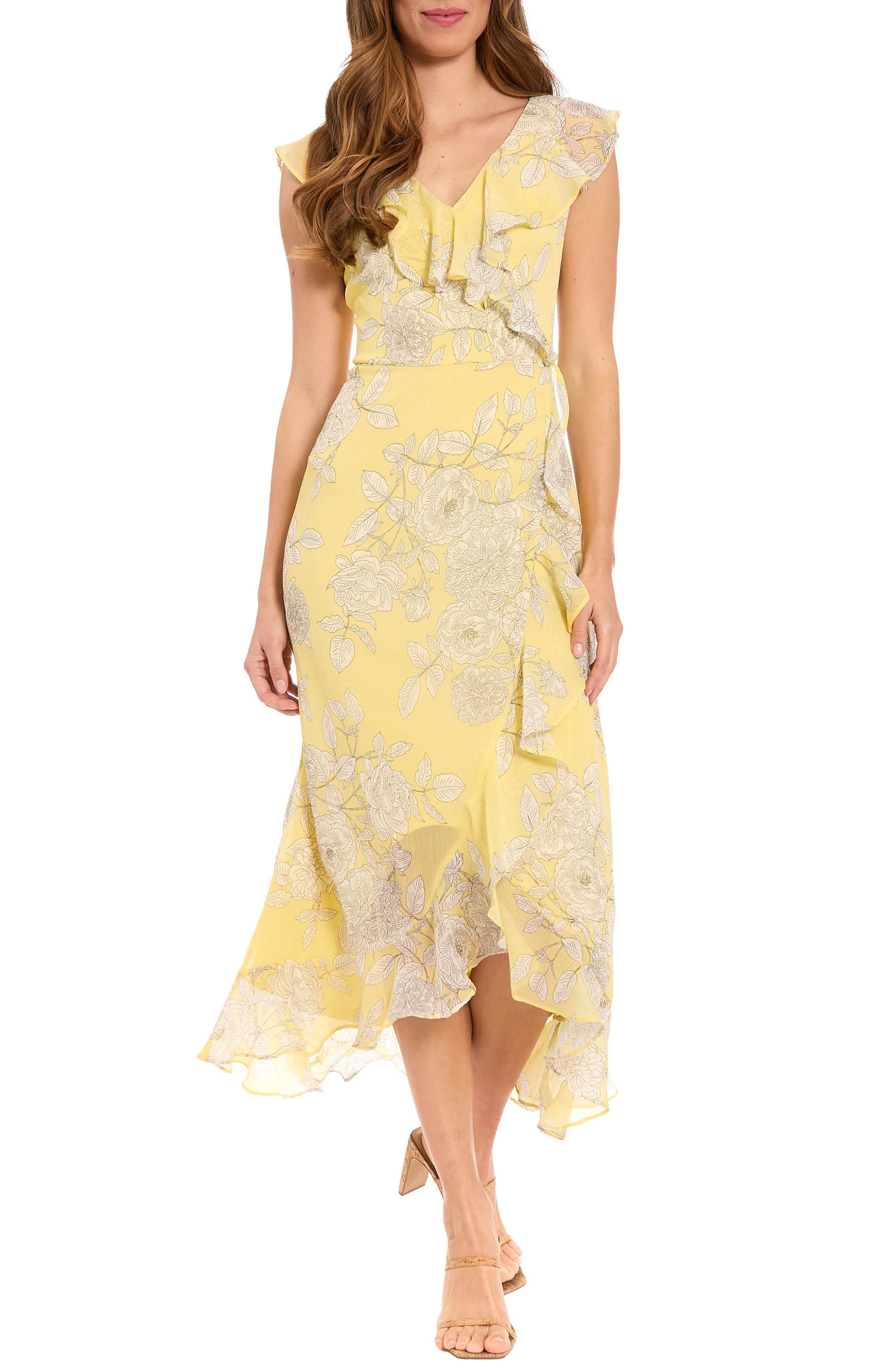 London Times Ruffle Wrap Maxi Dress