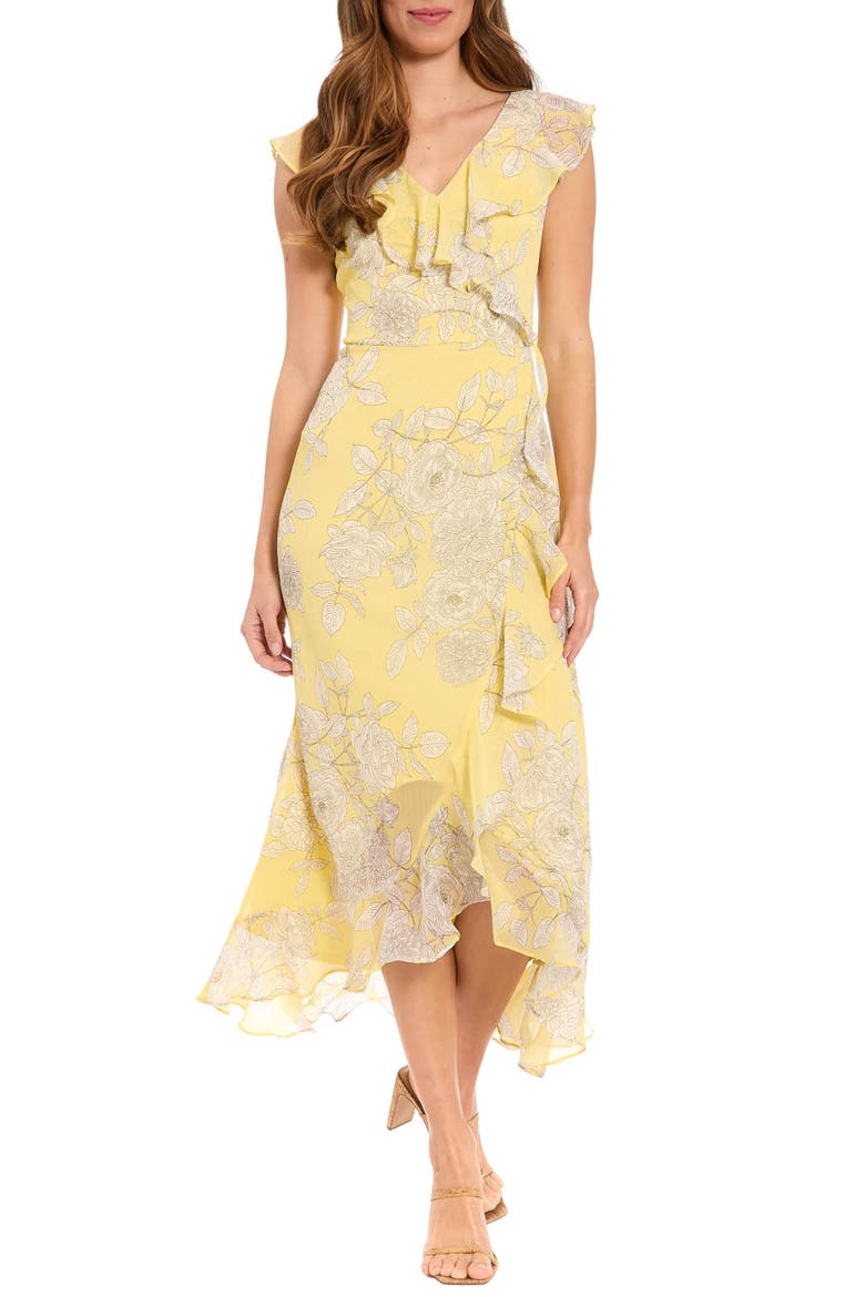Ruffle Trim High/Low Maxi Dress, Main, color, POPCORN/ WHITE ALYSSUM
