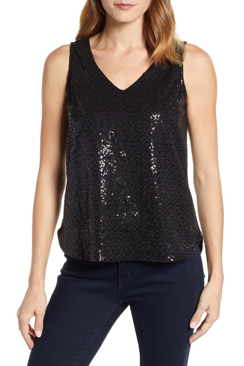 Gibson x Glam Squad Cassie V-Neck Sequin Tank (Nordstrom Exclusive), Main, color, BLACK