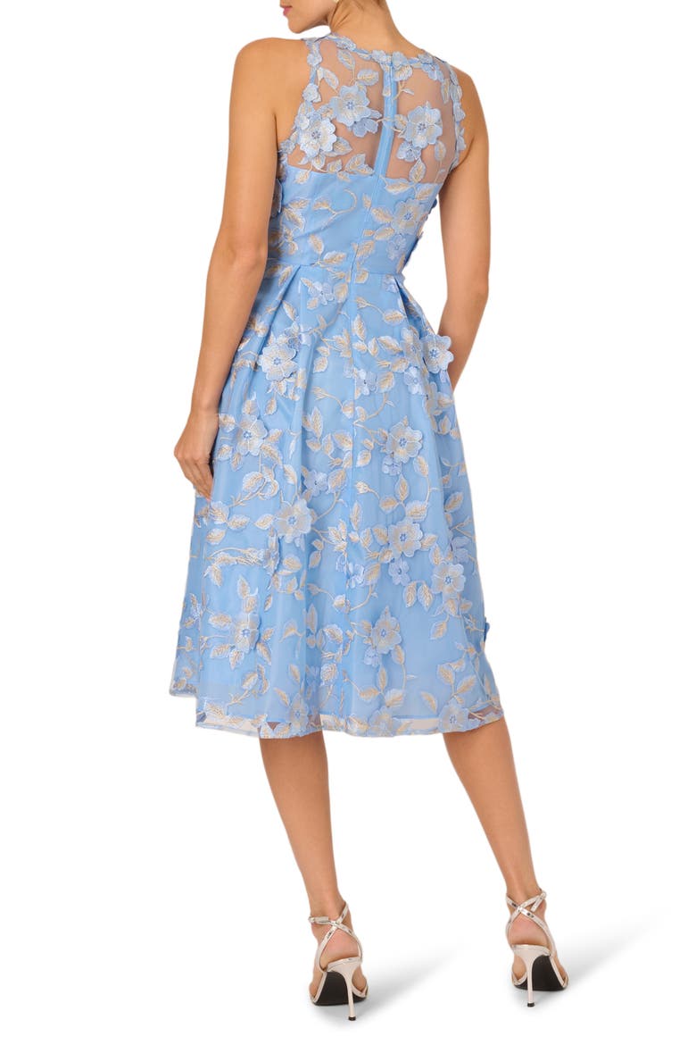Floral Embroidered Fit & Flare Midi Cocktail Dress, Alternate, color, LIGHT BLUE/ GOLD
