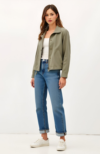 Cropped Utility Snap Button Adjustable Drawstring Hem Jacket