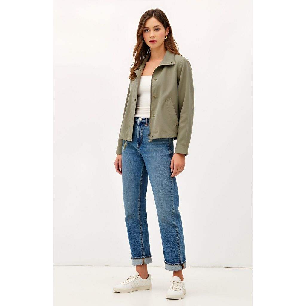 Modenaire Cropped Utility Jacket With Snap Buttons And Adjustable Drawstring Hem In Green