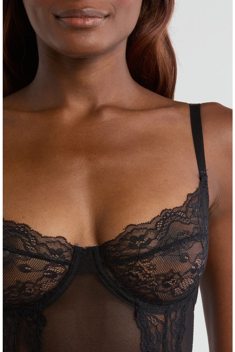 Underwire Lace & Mesh Teddy, Alternate, color, BLACK