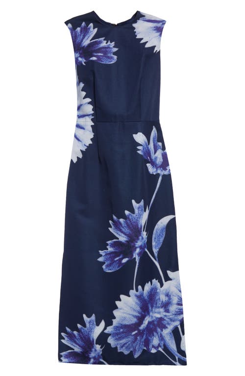 Shop Erdem Troubridge Floral Sleeveless Faille Pencil Midi Dress In Floral Indigo