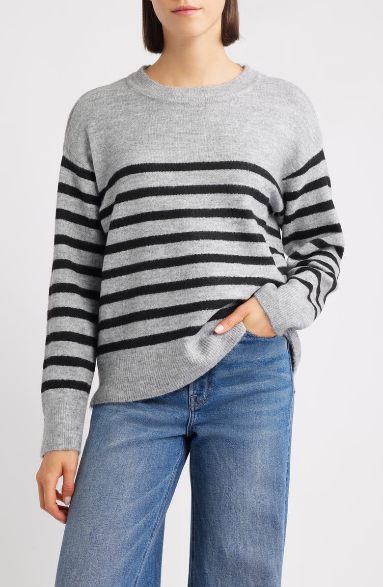 Liverpool Los Angeles Stripe Drop Shoulder Sweater, Main, color, Light Grey/ Charcoal Stripe