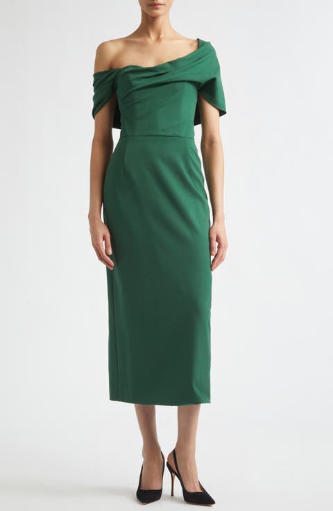 Asymmetric Draped Stretch Wool Column Dress