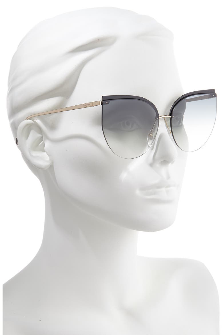 Salvatore Ferragamo 64mm Oversize Rimless Cat Eye Sunglasses, Alternate, color, GREY/ GOLD