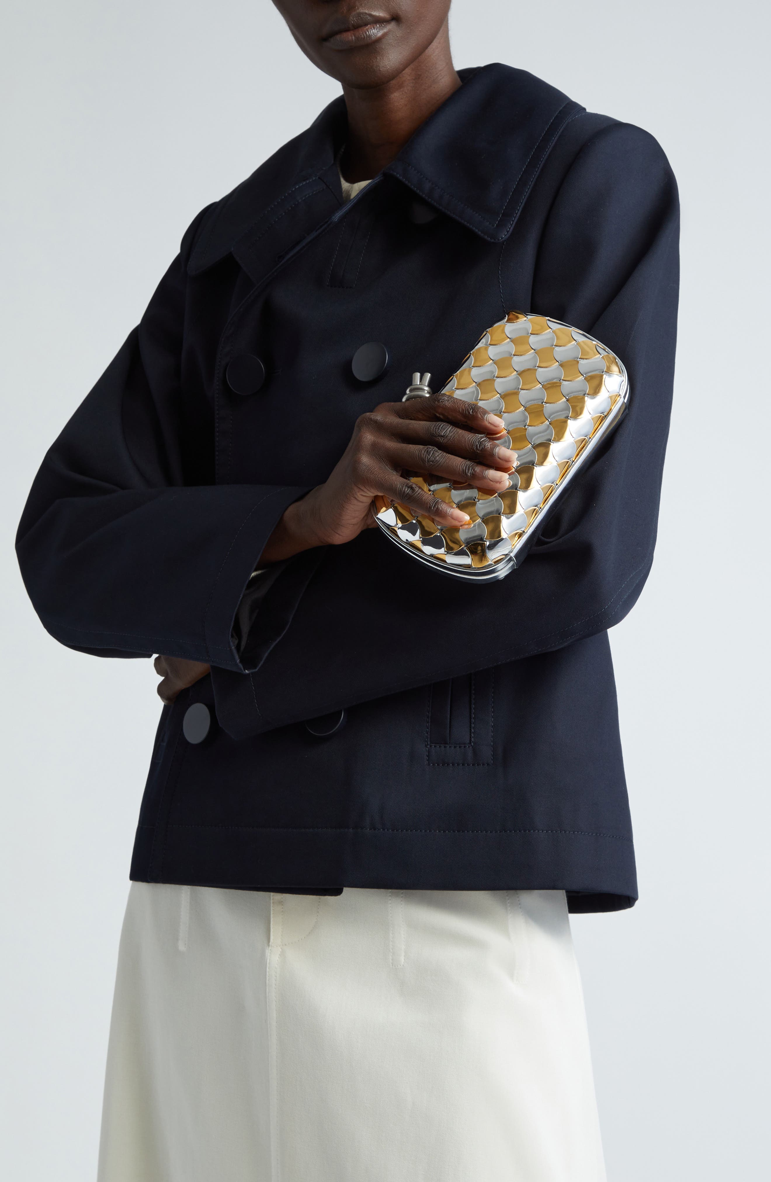 Bottega Veneta Knot Pavimento Metallic Leather Clutch, Alternate, color, Silver/ Gold