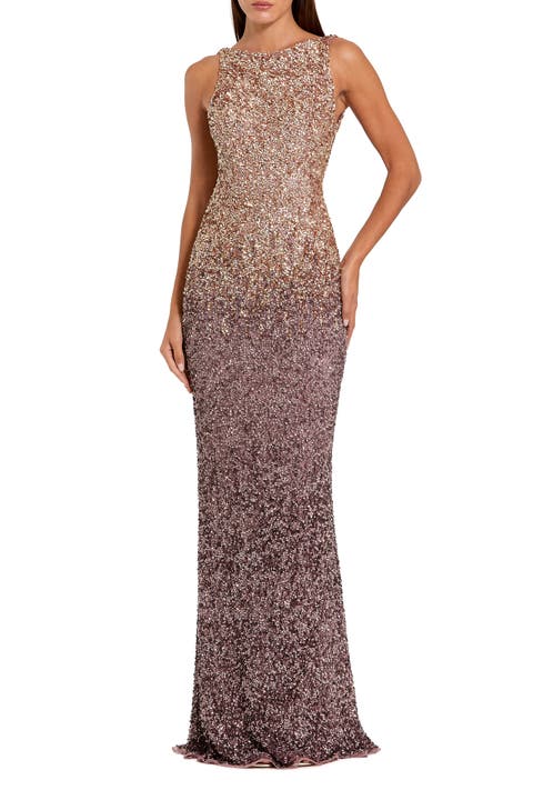 Sleeveless Sequin Mesh Ombre Open Back Gown
