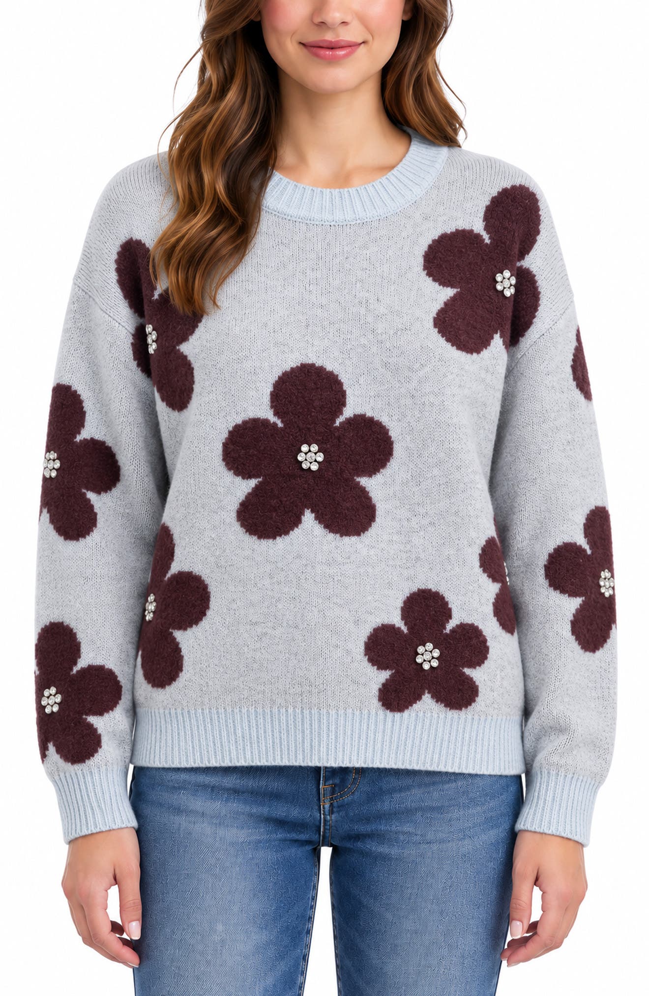 Floral Jewel Embellished Crewneck Sweater