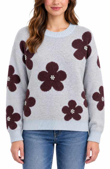 Floral Jewel Embellished Crewneck Sweater