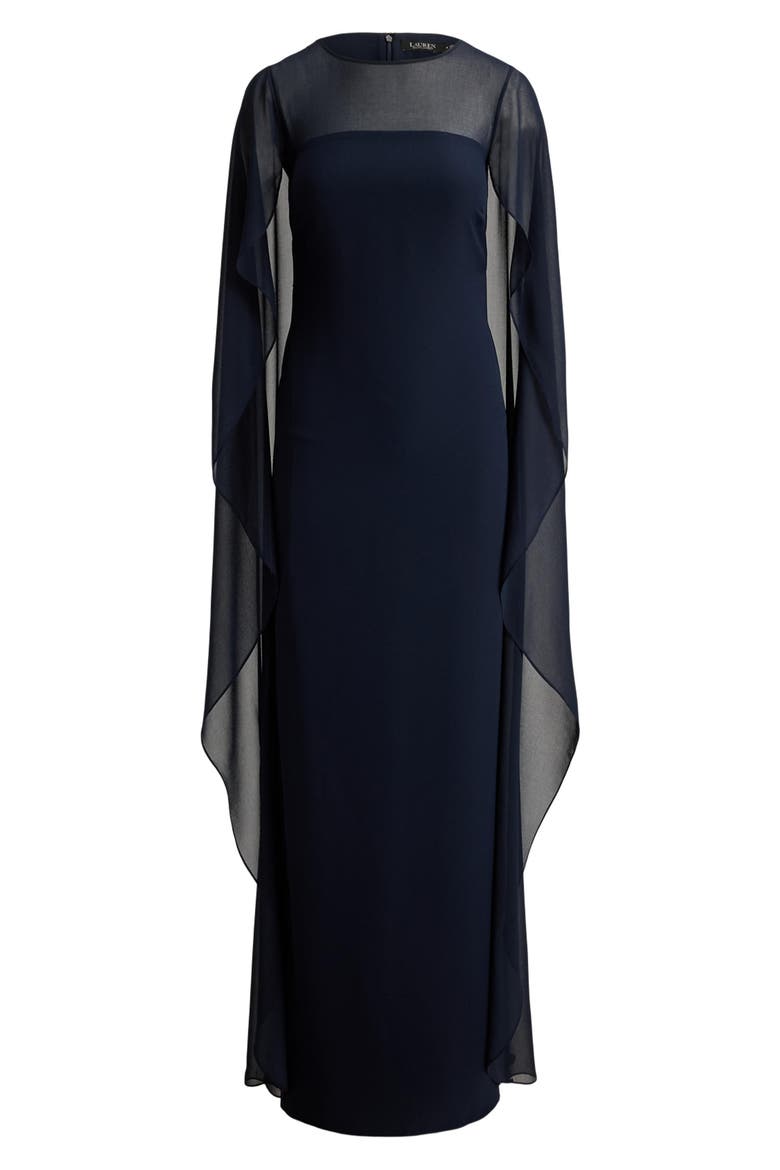 Cape Detail Triple Georgette Gown, Alternate, color, LAUREN NAVY BLUE