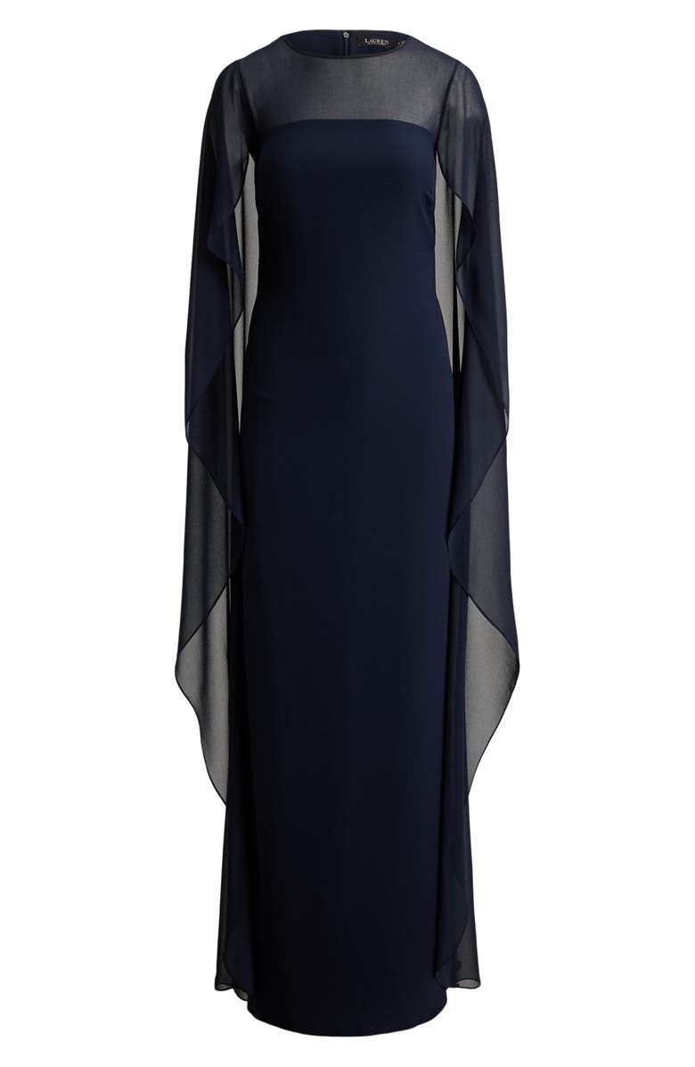 Lauren Ralph Lauren Cape Detail Triple Georgette Gown, Alternate, color, Lauren Navy Blue