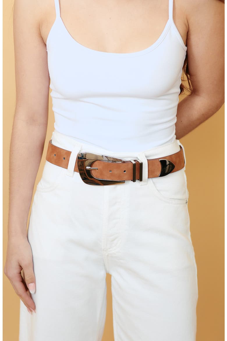 Verve Faux Leather Belt, Alternate, color, BROWN SUEDE/ SILVER